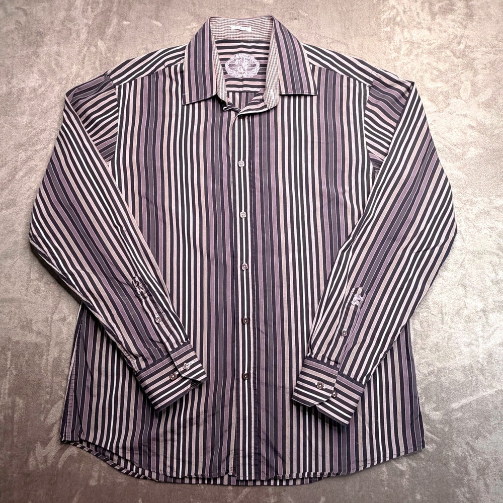 Bugatchi Button Up Shirt Mens L Black Gray Striped Shaped Fit Cotton Long Sleeve